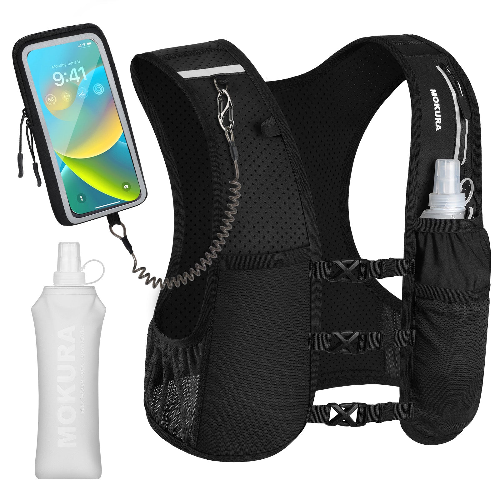 MOKURA Running Vest for Women Men, Lightweight Hydration Vest with 500ML Soft Flask & Phone Holder, Reflective Running Backpack, Adjustable Run Pack Water Bottle, Runner Marathon Essentials